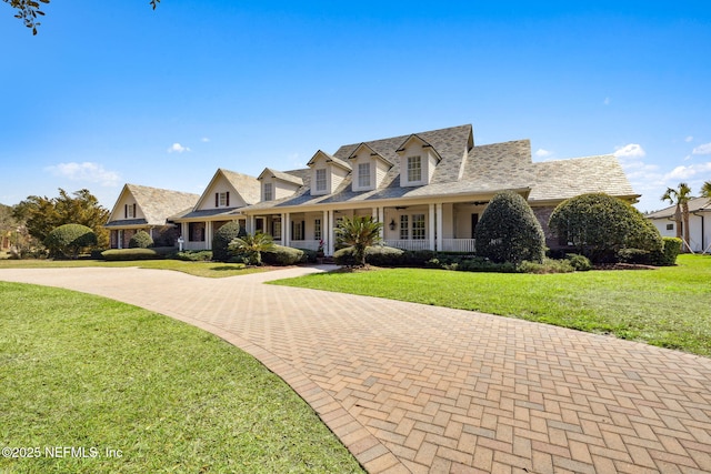 cape cod-style house featuring covered porch, a front lawn, and decorative driveway