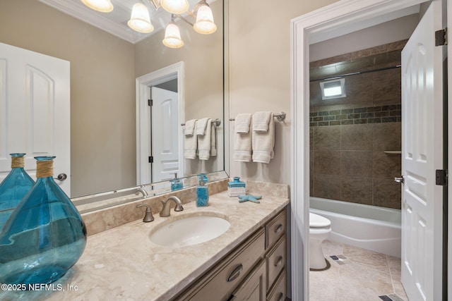 bathroom featuring visible vents, toilet, an inviting chandelier, ornamental molding, and vanity