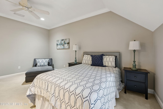 bedroom featuring lofted ceiling, light carpet, ceiling fan, and baseboards