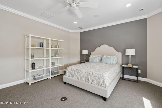 carpeted bedroom featuring ornamental molding, recessed lighting, baseboards, and a ceiling fan