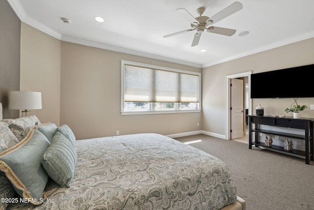 carpeted bedroom with ornamental molding, recessed lighting, and baseboards