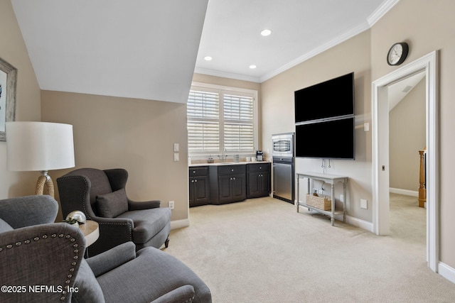 living room with light carpet, ornamental molding, recessed lighting, and baseboards