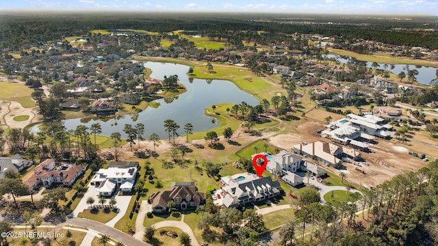 bird's eye view featuring a residential view, a water view, and golf course view