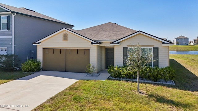 view of front facade with driveway, a shingled roof, a garage, and a front lawn