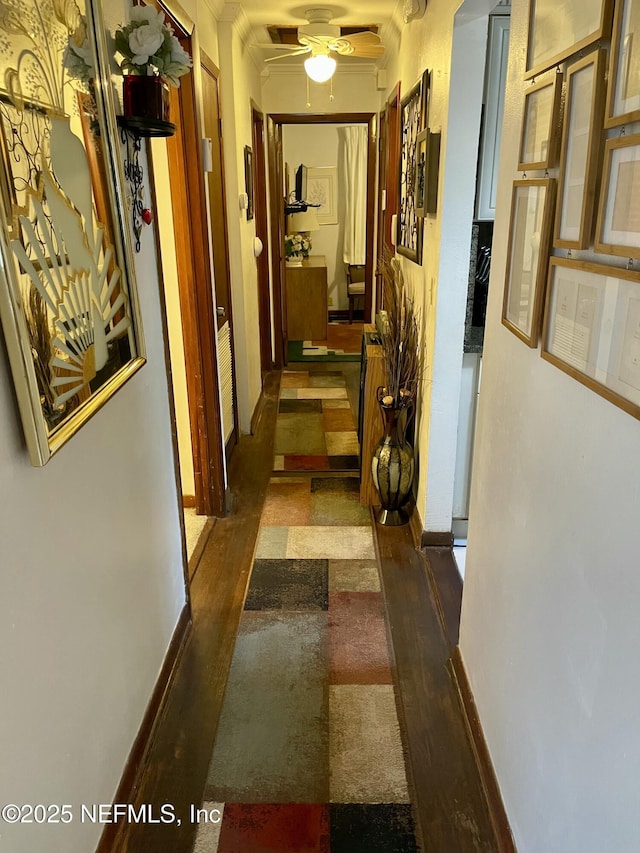 hallway featuring dark wood-style floors, crown molding, and baseboards