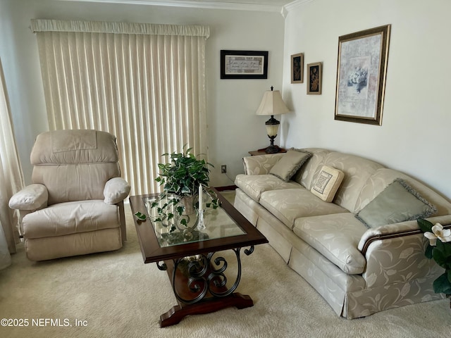 living room featuring crown molding and carpet flooring