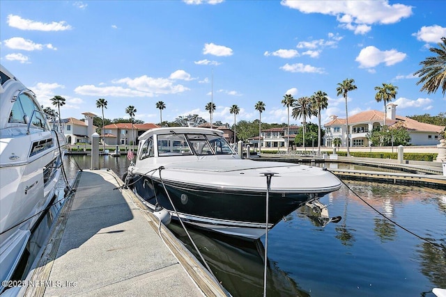 dock area with a water view and a residential view