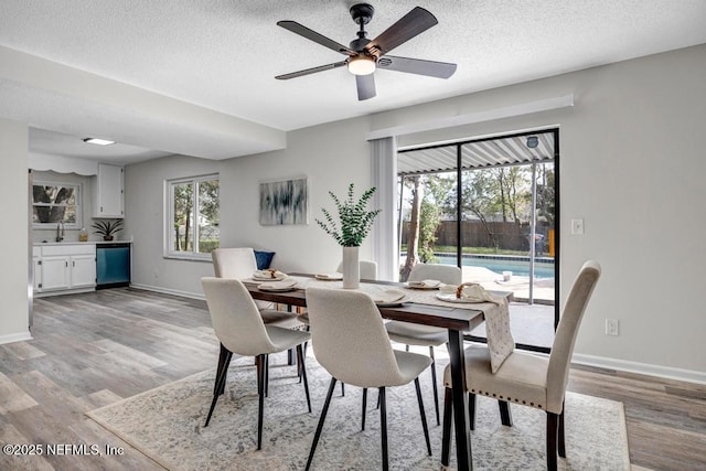 dining room with baseboards, a textured ceiling, and light wood finished floors