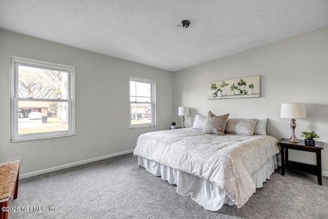 bedroom featuring carpet floors, baseboards, and a textured ceiling