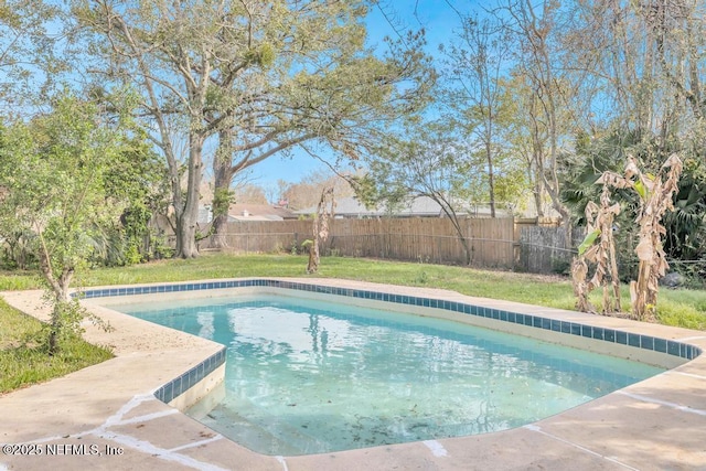 view of swimming pool with a lawn, a fenced backyard, and a fenced in pool