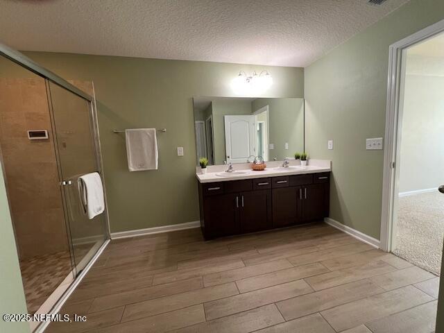 738 Seville Pkwy, Saint Augustine, FL 32086 - full bath featuring a sink, a textured ceiling, a shower stall, double vanity, and wood tiled floor