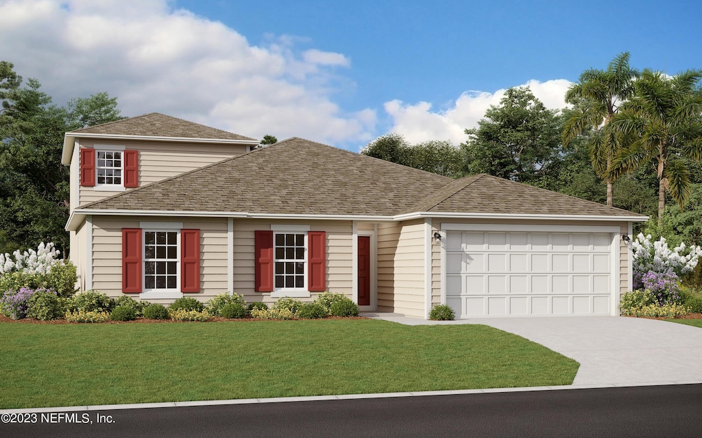 view of front of home with a garage, a front yard, a shingled roof, and driveway