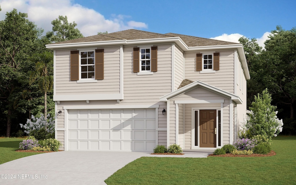 view of front of property with an attached garage, concrete driveway, roof with shingles, and a front yard