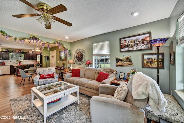 living area featuring ceiling fan, a textured ceiling, and light wood-style flooring