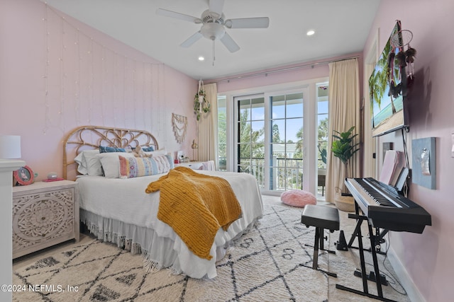 bedroom featuring access to exterior, ceiling fan, baseboards, and recessed lighting