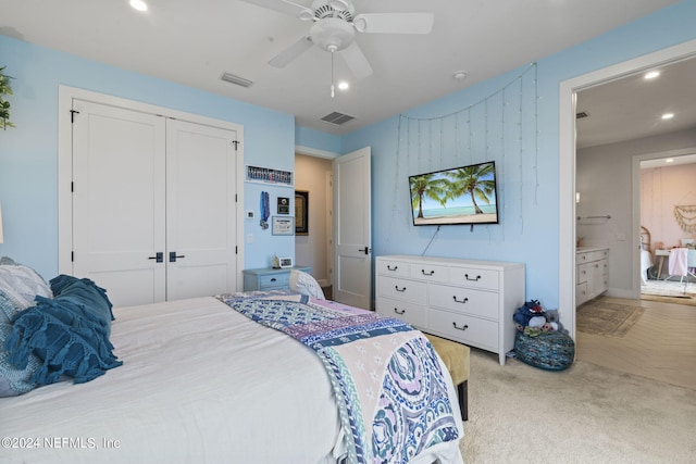 bedroom featuring visible vents, a closet, and recessed lighting