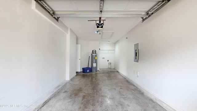 garage with water heater, electric panel, and a garage door opener