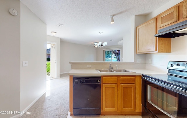 kitchen with light colored carpet, under cabinet range hood, electric range, a sink, and dishwasher