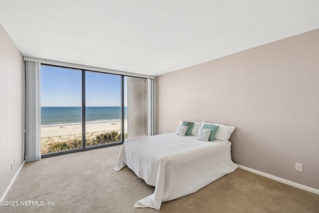 bedroom featuring carpet flooring, a wall of windows, baseboards, and a water view