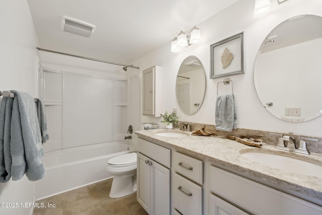 full bathroom with double vanity, visible vents, bathing tub / shower combination, and a sink