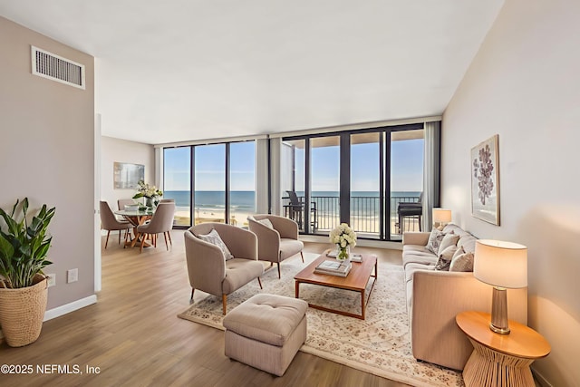 601 1st St S Unit 4D, Jacksonville Beach, FL 32250 - living room featuring wood finished floors, a water view, healthy amount of natural light, baseboards, and floor to ceiling windows