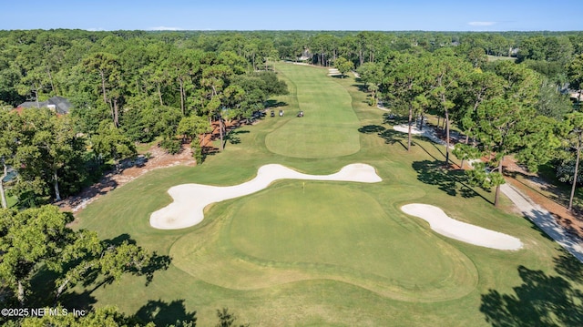 drone / aerial view with golf course view and a wooded view