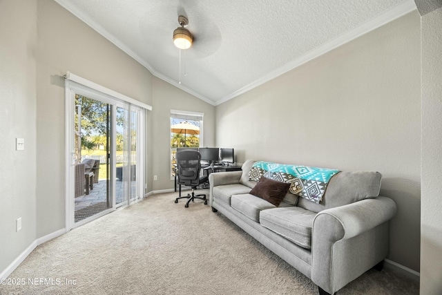 carpeted living room featuring crown molding, vaulted ceiling, a textured ceiling, and baseboards