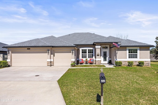 prairie-style house featuring stucco siding, concrete driveway, an attached garage, stone siding, and a front lawn