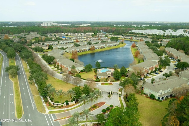 drone / aerial view with a water view