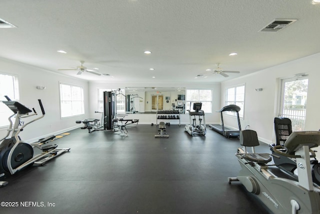 workout area featuring a textured ceiling, a wealth of natural light, visible vents, and baseboards