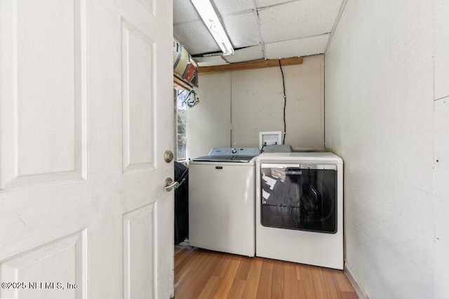 laundry area with laundry area, washing machine and dryer, and light wood finished floors