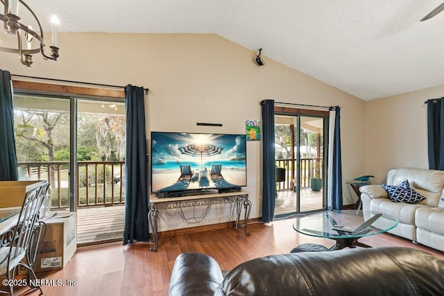 living area featuring lofted ceiling and wood finished floors