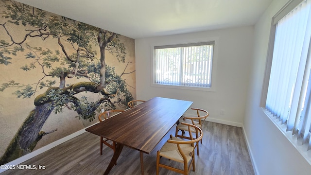 dining area featuring baseboards and wood finished floors