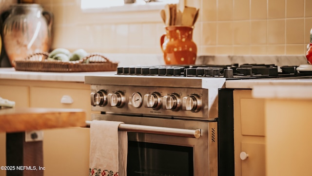 room details featuring high end stainless steel range oven and decorative backsplash