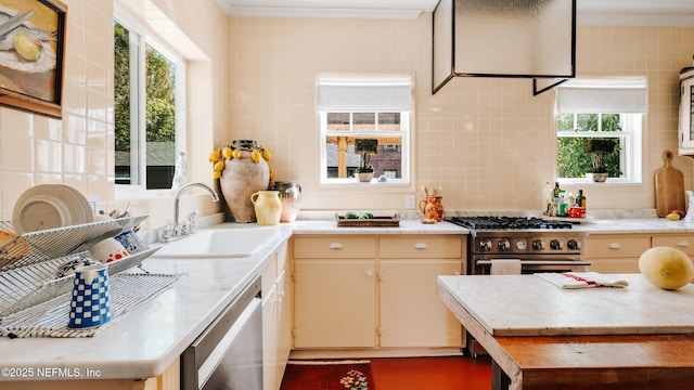 kitchen featuring stainless steel appliances, a sink, light countertops, decorative backsplash, and crown molding