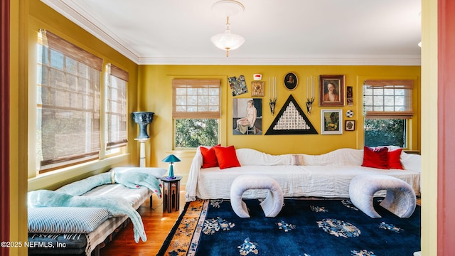 bedroom with ornamental molding, multiple windows, and wood finished floors