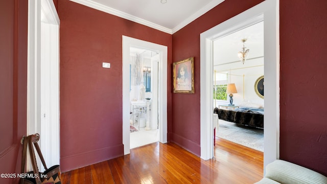 foyer entrance featuring baseboards, ornamental molding, and hardwood / wood-style floors