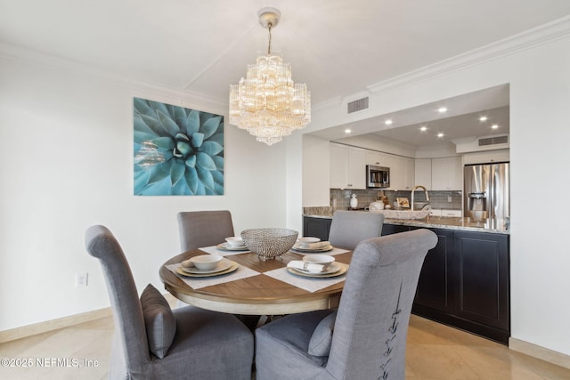 dining room with crown molding, recessed lighting, visible vents, an inviting chandelier, and light tile patterned flooring