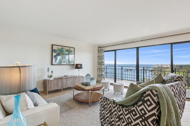 living area with ornamental molding and a water view