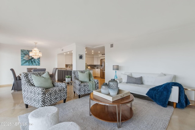 living room with a chandelier, recessed lighting, visible vents, and light tile patterned floors