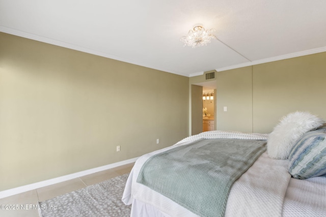 bedroom featuring light tile patterned floors, ornamental molding, a chandelier, and visible vents