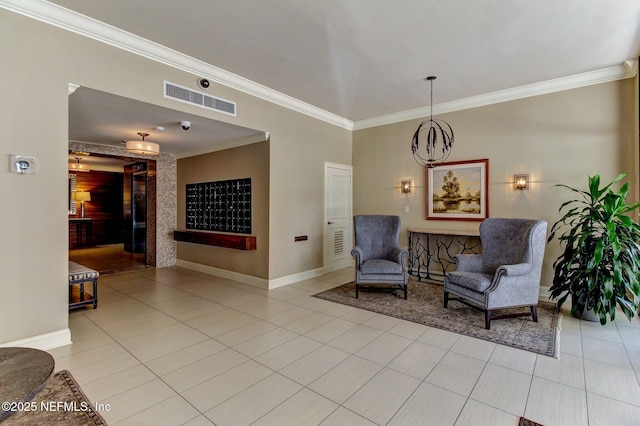 sitting room featuring ornamental molding, visible vents, and light tile patterned flooring