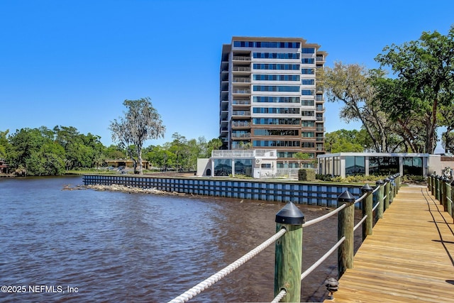 view of dock with a water view