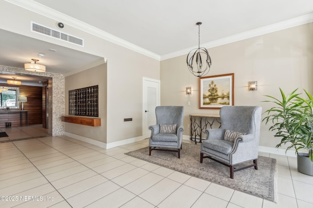 living area with tile patterned floors, baseboards, visible vents, and ornamental molding