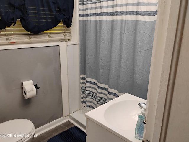 full bathroom featuring toilet, curtained shower, and vanity