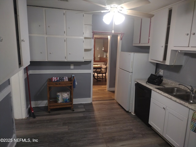 kitchen with a sink, ceiling fan, white cabinetry, and black dishwasher
