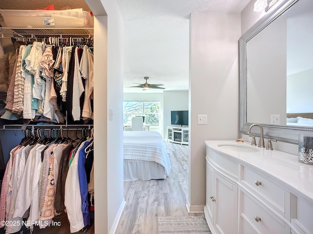 bathroom featuring wood finished floors, vanity, a ceiling fan, a walk in closet, and ensuite bath