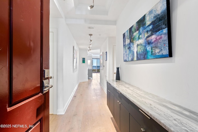 hall featuring ornamental molding, a tray ceiling, light wood-style flooring, and baseboards