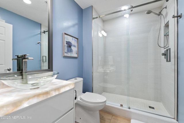 bathroom featuring toilet, a stall shower, and vanity