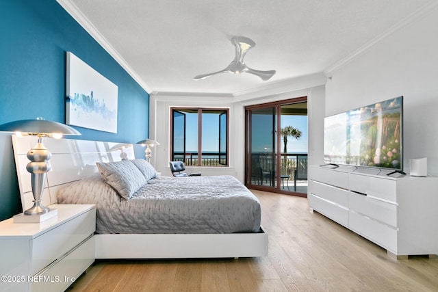 bedroom with access to outside, ornamental molding, light wood-style flooring, and a ceiling fan